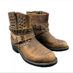 Boulet 6” Engineer Biker Brown Leather Studded Side Zip Boots Women’s Sz 6D EUC